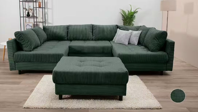 Wohnlandschaft inklusive Hocker in grün cord