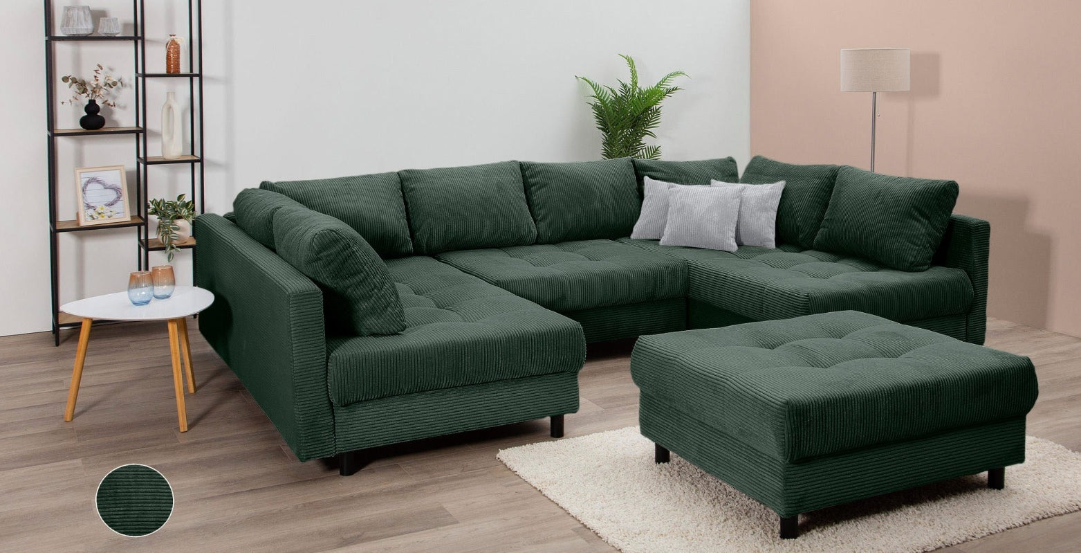 Wohnlandschaft inklusive Hocker in grün cord