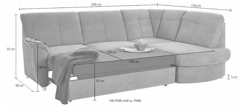 Ecksofa mit Bettfunktion und Ottomane rechts