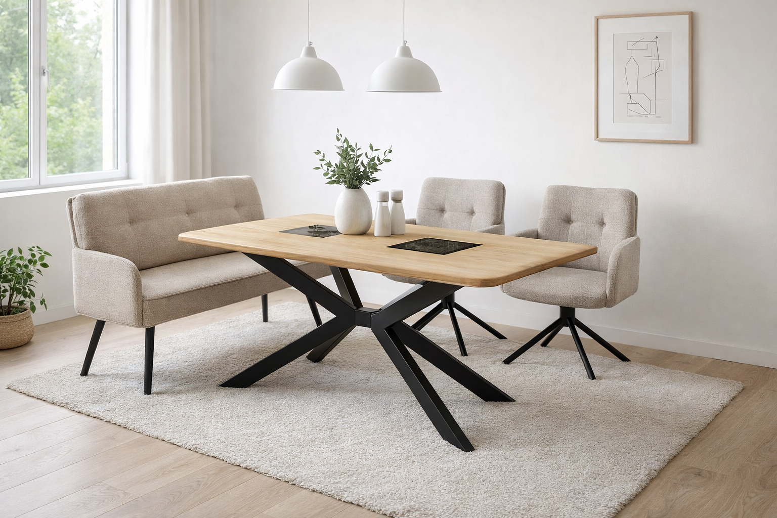 Onlineknaller Set 1 Rieke + Montana: Esstisch 180cm + 2 Stühle + Sitzbank