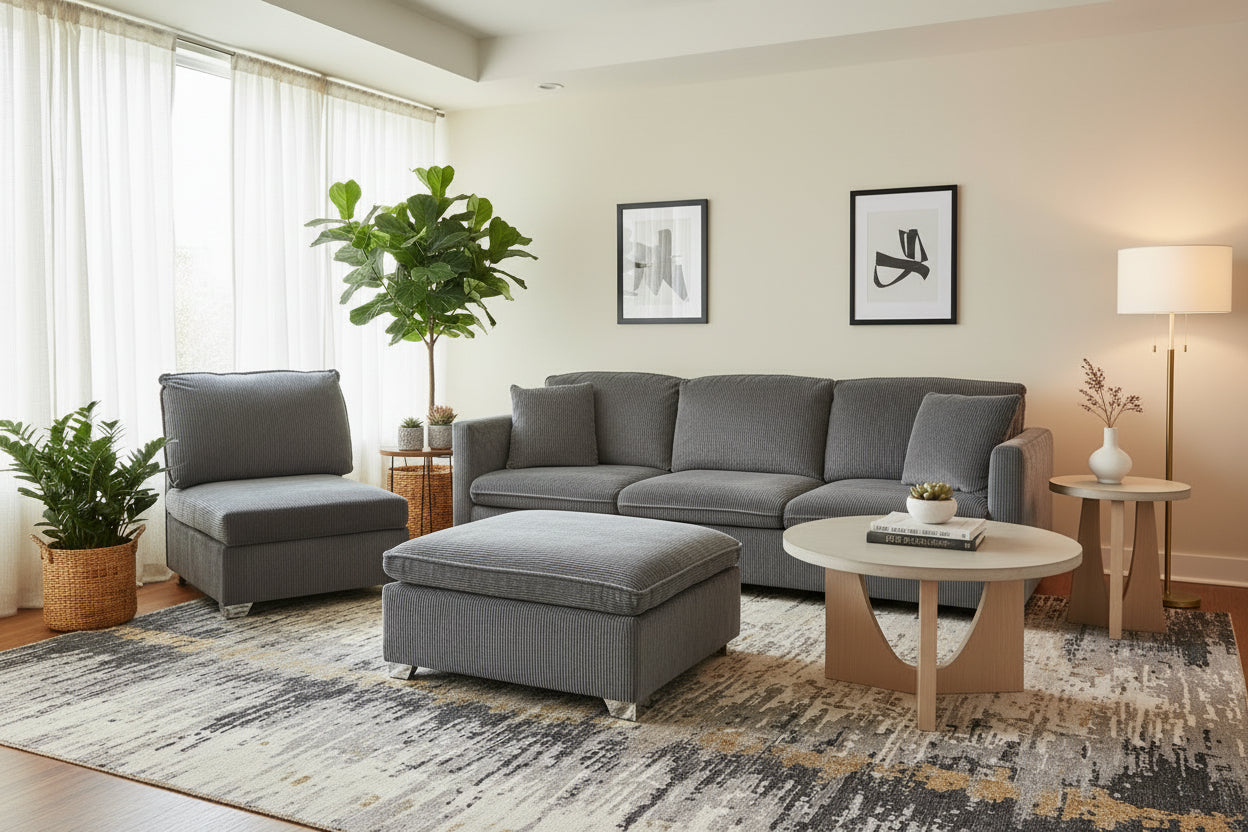 Sofa 3-Sitzer mit Sessel und Hocker