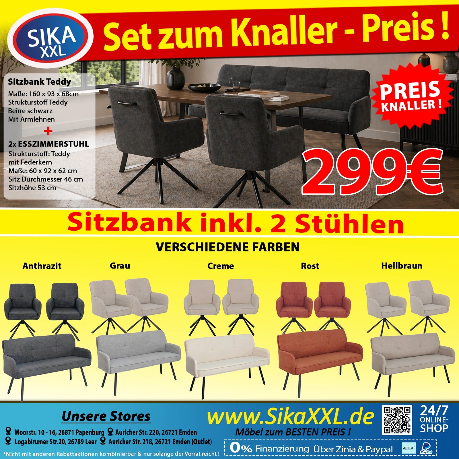 Aktionspreis! Bank + 2 Stühle Rieke