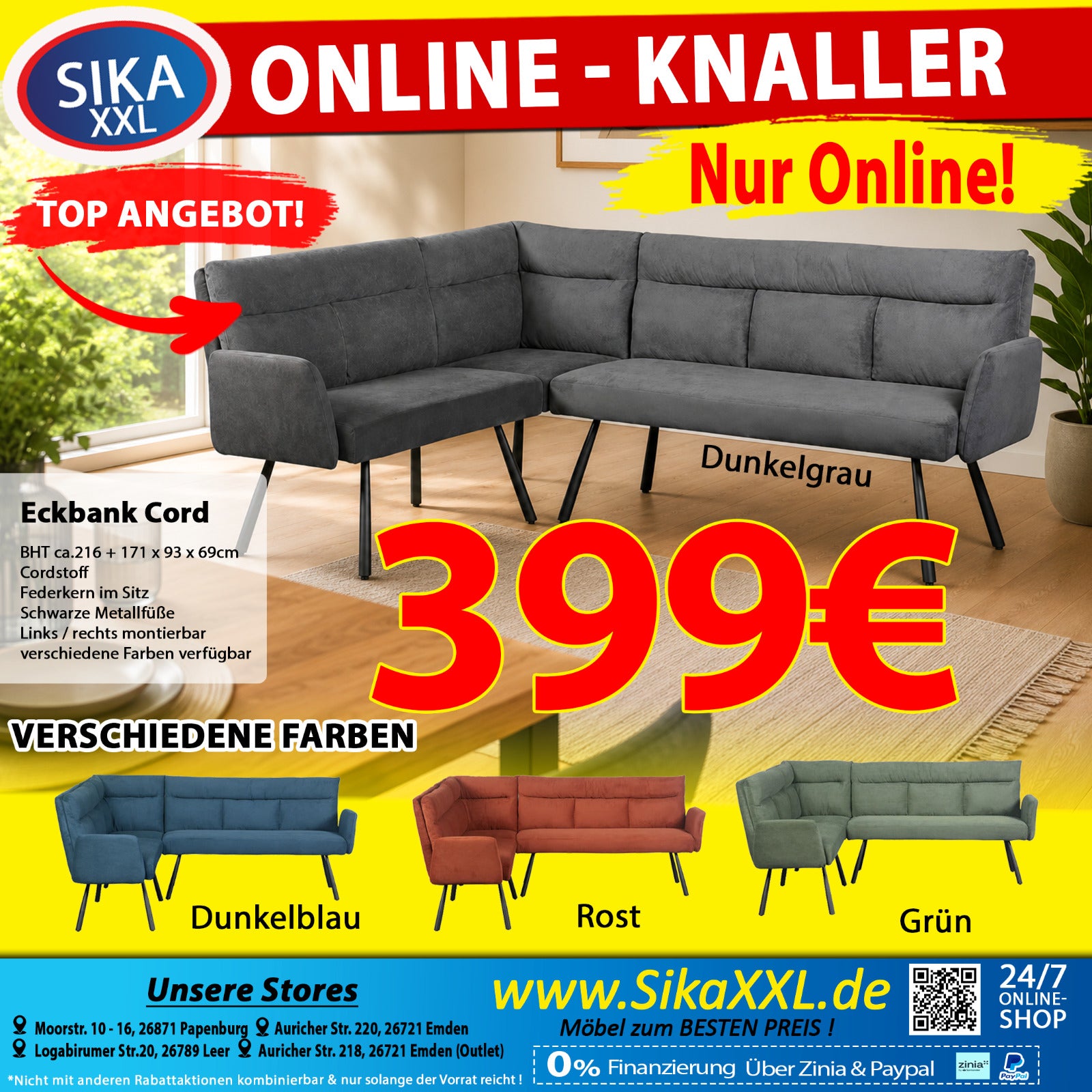 Eckbank Cord verschiedene Farben-  Onlineknaller