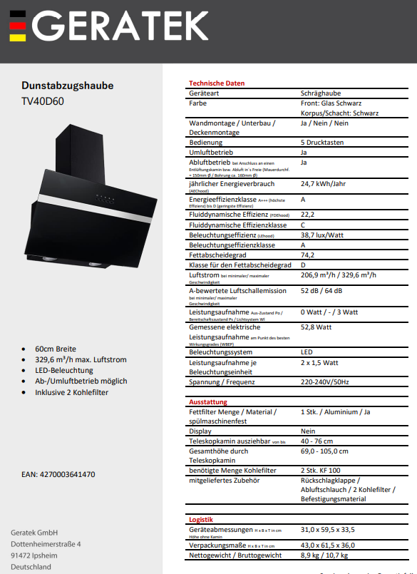 Geratek Dunstabzugshaube TV 40 D 60