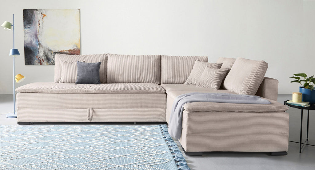 Ecksofa in taupe mit Dauer-Schlaffunktion + integrierten Boxspringbett 180x200cm