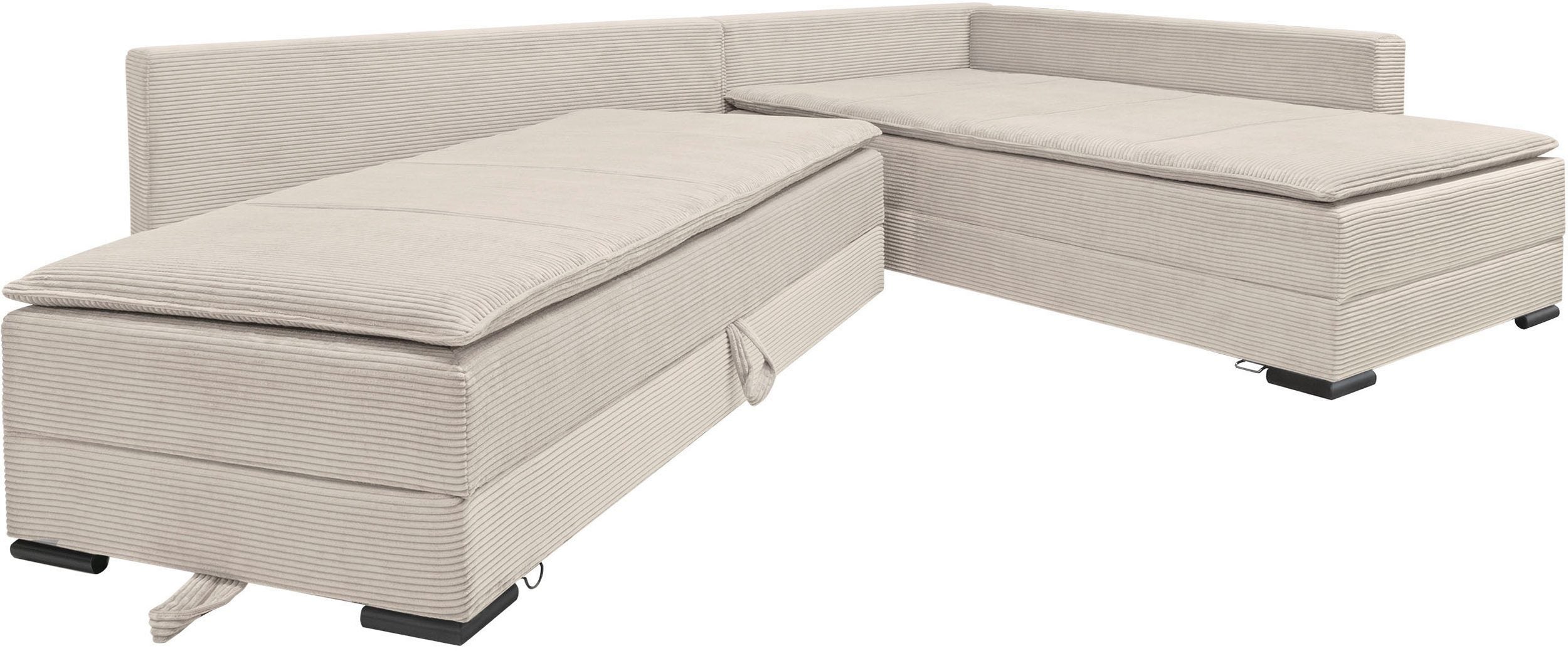 Ecksofa in taupe mit Dauer-Schlaffunktion + integrierten Boxspringbett 180x200cm
