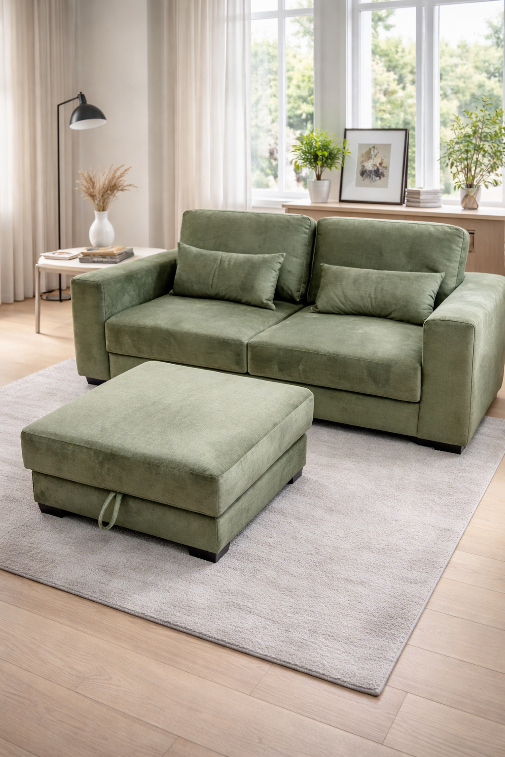 2,5-Sitzer mit Stauraumhocker in grün von Zehdenick