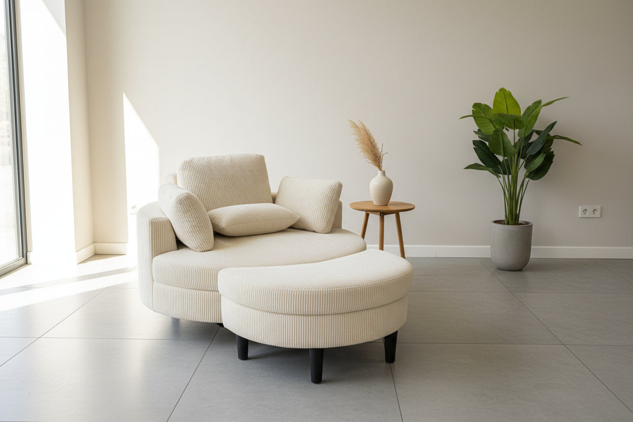 XXL- Sessel, mit Stauraumhocker, Rückenstütze & 4 Zierkissen